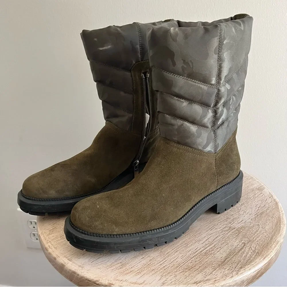 AQUATALIA Women's 6.5 Lori Boots Herb Olive Green Camouflage Suede Puffer NWOB